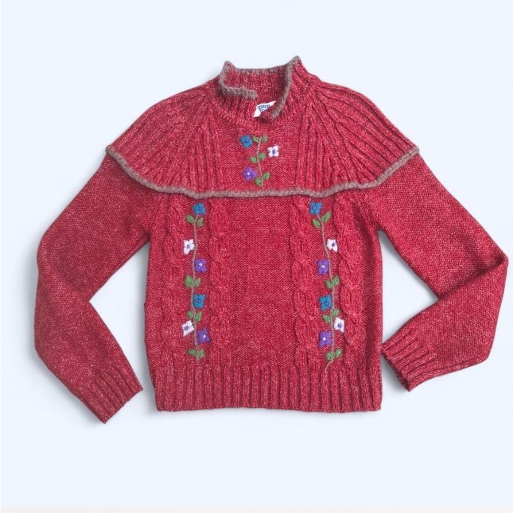 Vintage 70s College Town brand Scandinavian style red embroidered floral sweater